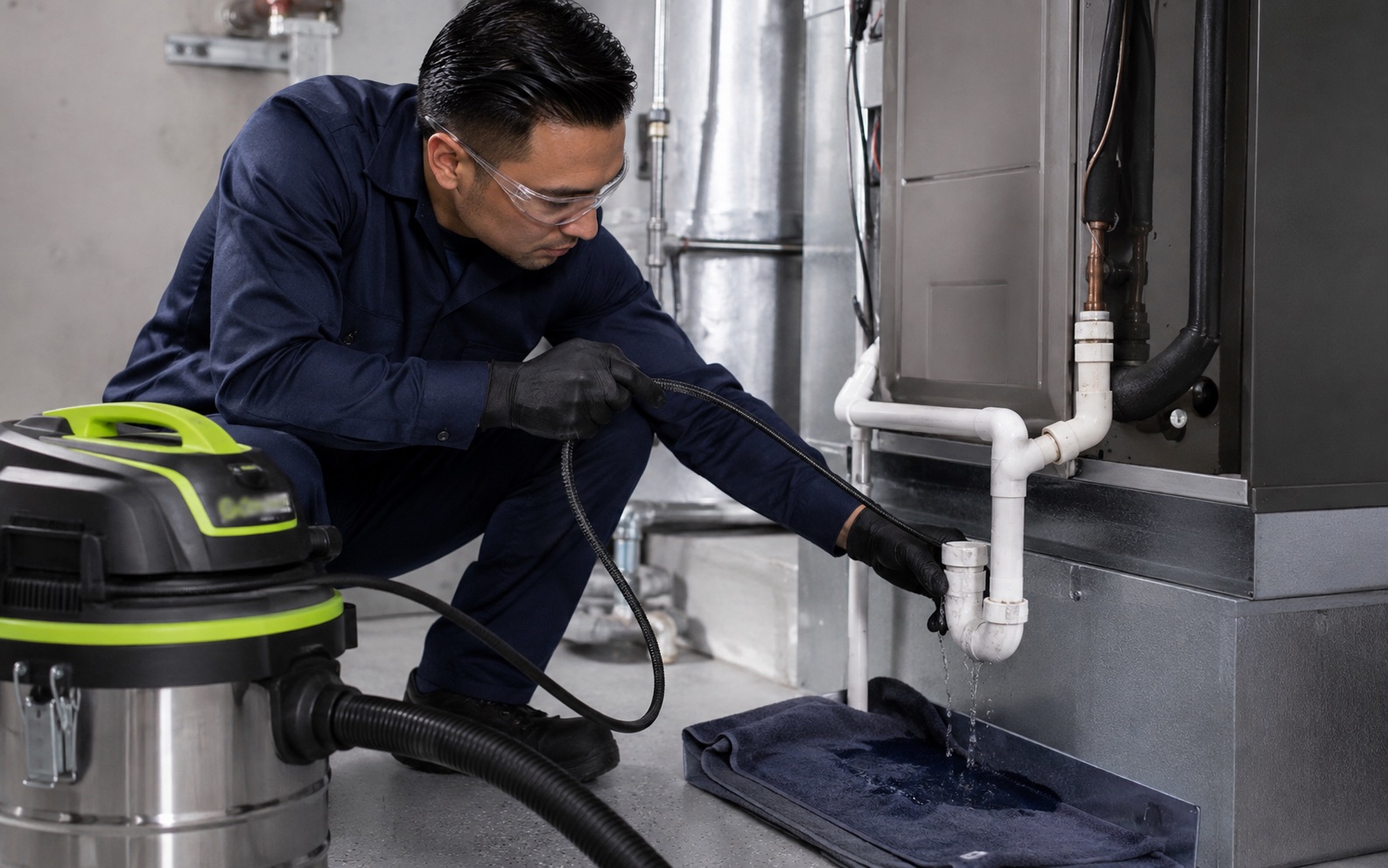 MDC Pro Services technician performing ac drain line cleaning in Irvine