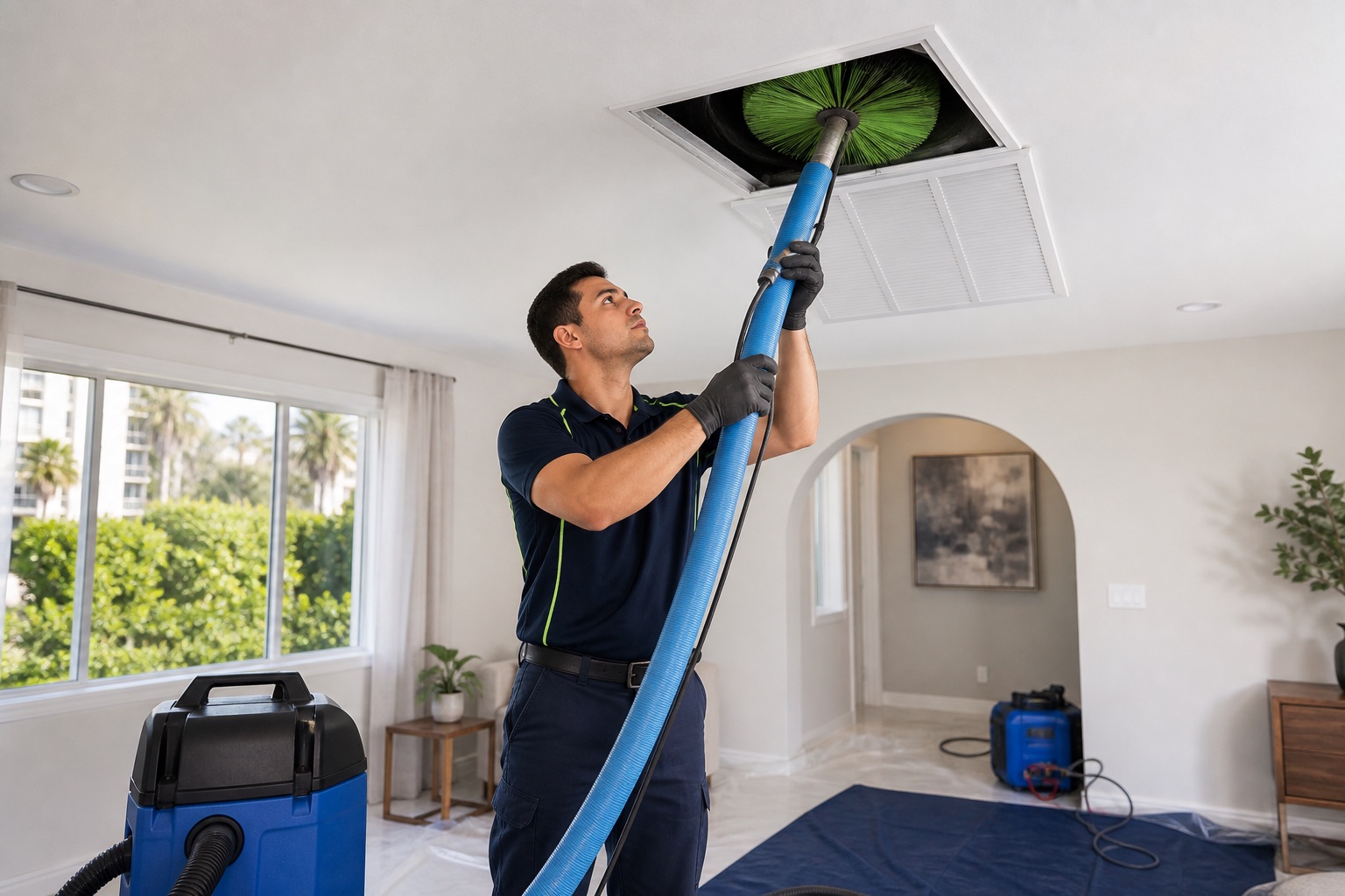 MDC Pro Services technician performing air duct cleaning in Irvine