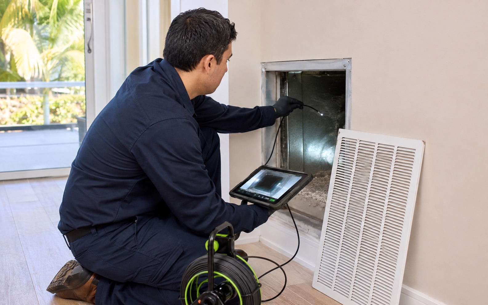 MDC Pro Services technician performing air duct inspection in Irvine