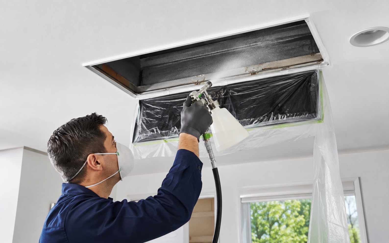 MDC Pro Services technician performing air duct sanitizing in Irvine