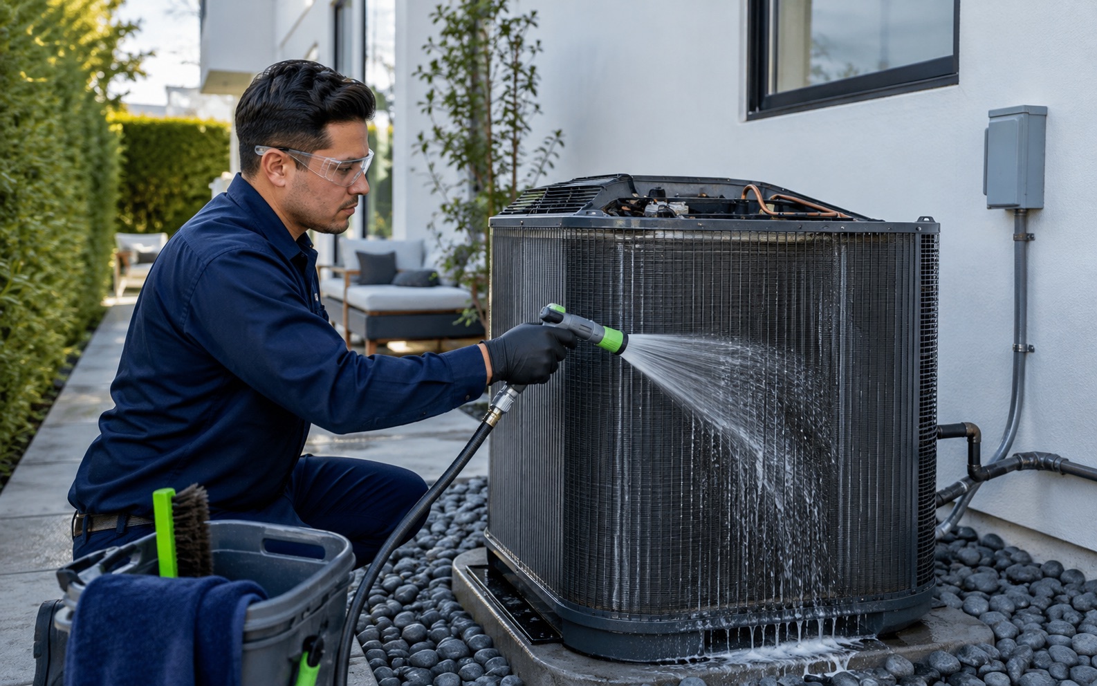 MDC Pro Services technician performing condenser coil cleaning in Irvine