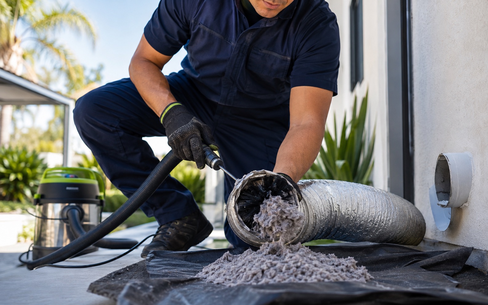 MDC Pro Services technician performing dryer vent clog removal in Irvine