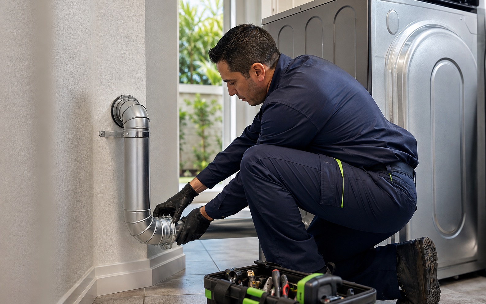 MDC Pro Services technician performing dryer vent repair in Irvine