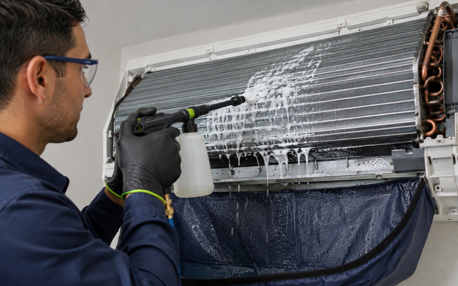 MDC Pro Services technician performing evaporator coil cleaning in Irvine