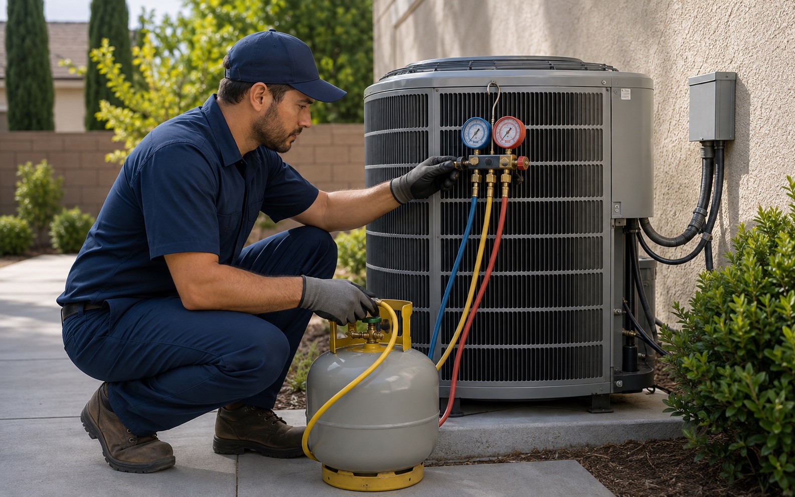 MDC Pro Services technician performing refrigerant recharge in Irvine