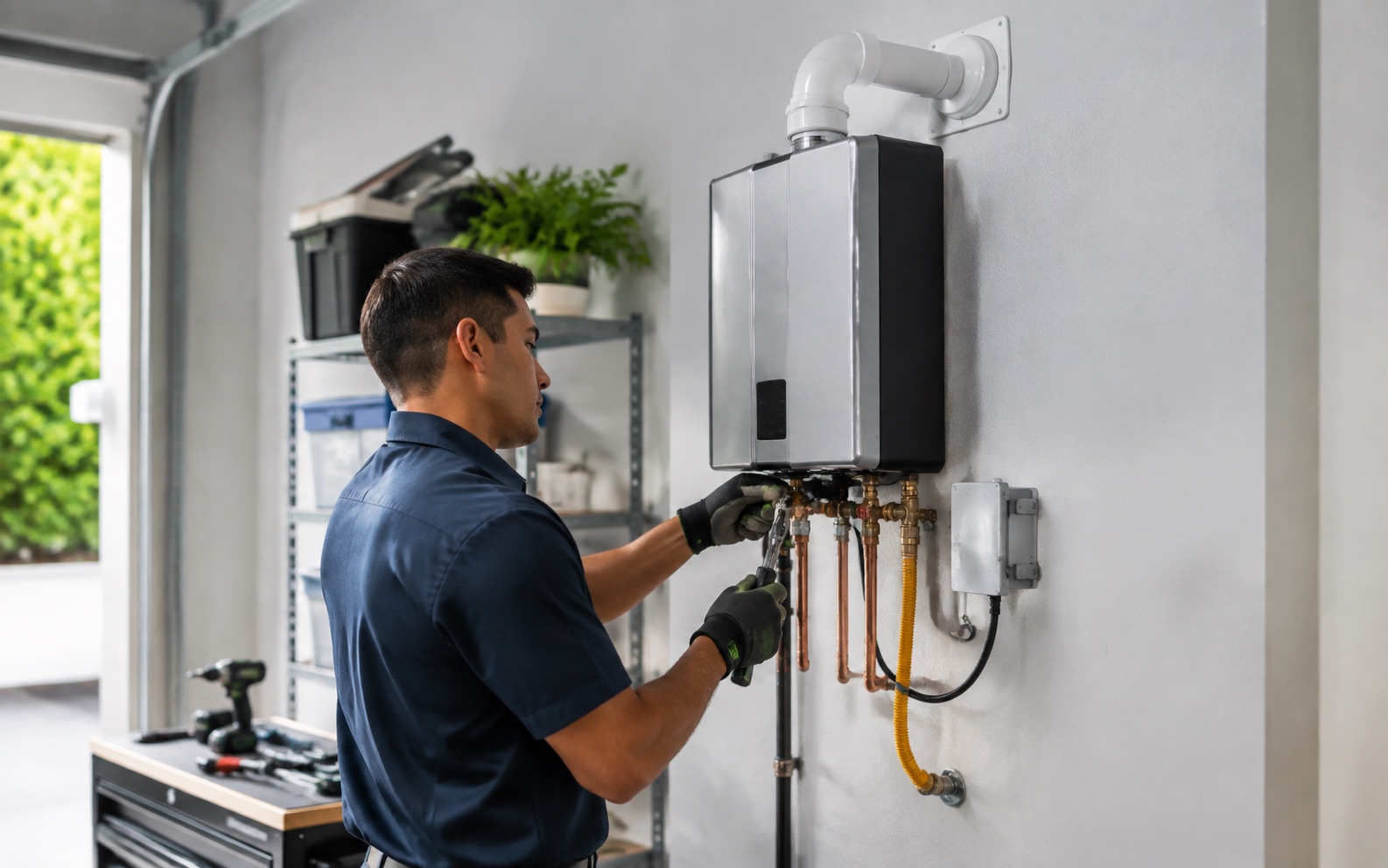 MDC Pro Services technician performing tankless water heater installation in Irvine